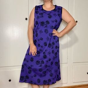 Vintage 90s Purple Black Glitter Floral Roses Sleeveless Midi Shift Dress